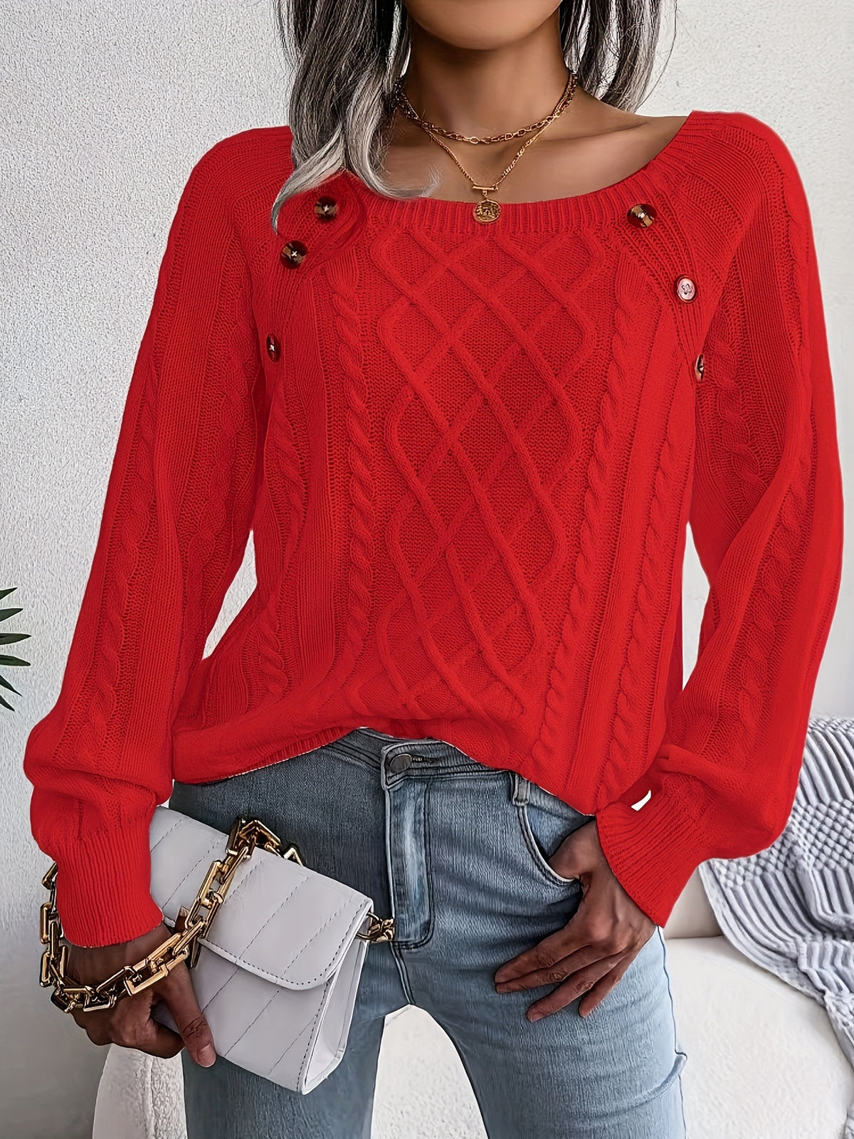Solid Color Cable Knit Sweater