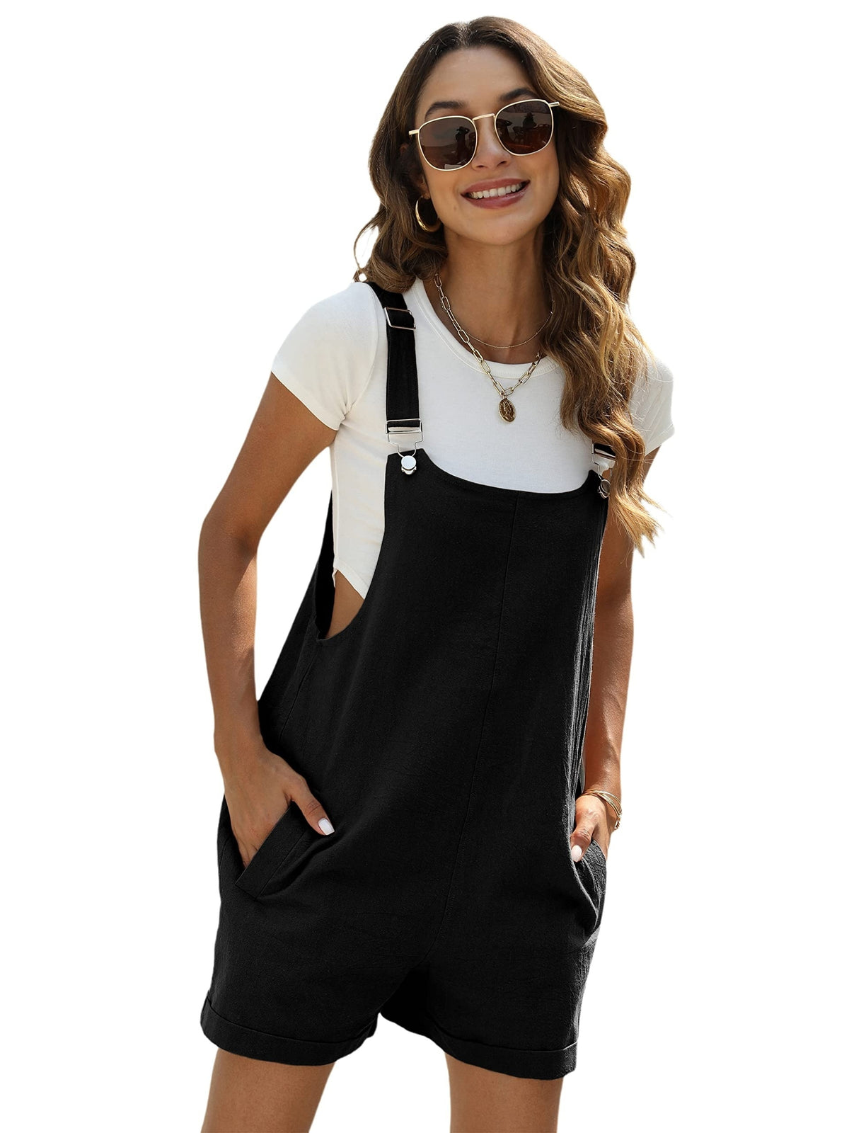 Solid Cami Jumpsuit, Casual Sleeveless Comfy Short Length Jumpsuit With Pockets, Women's Clothing