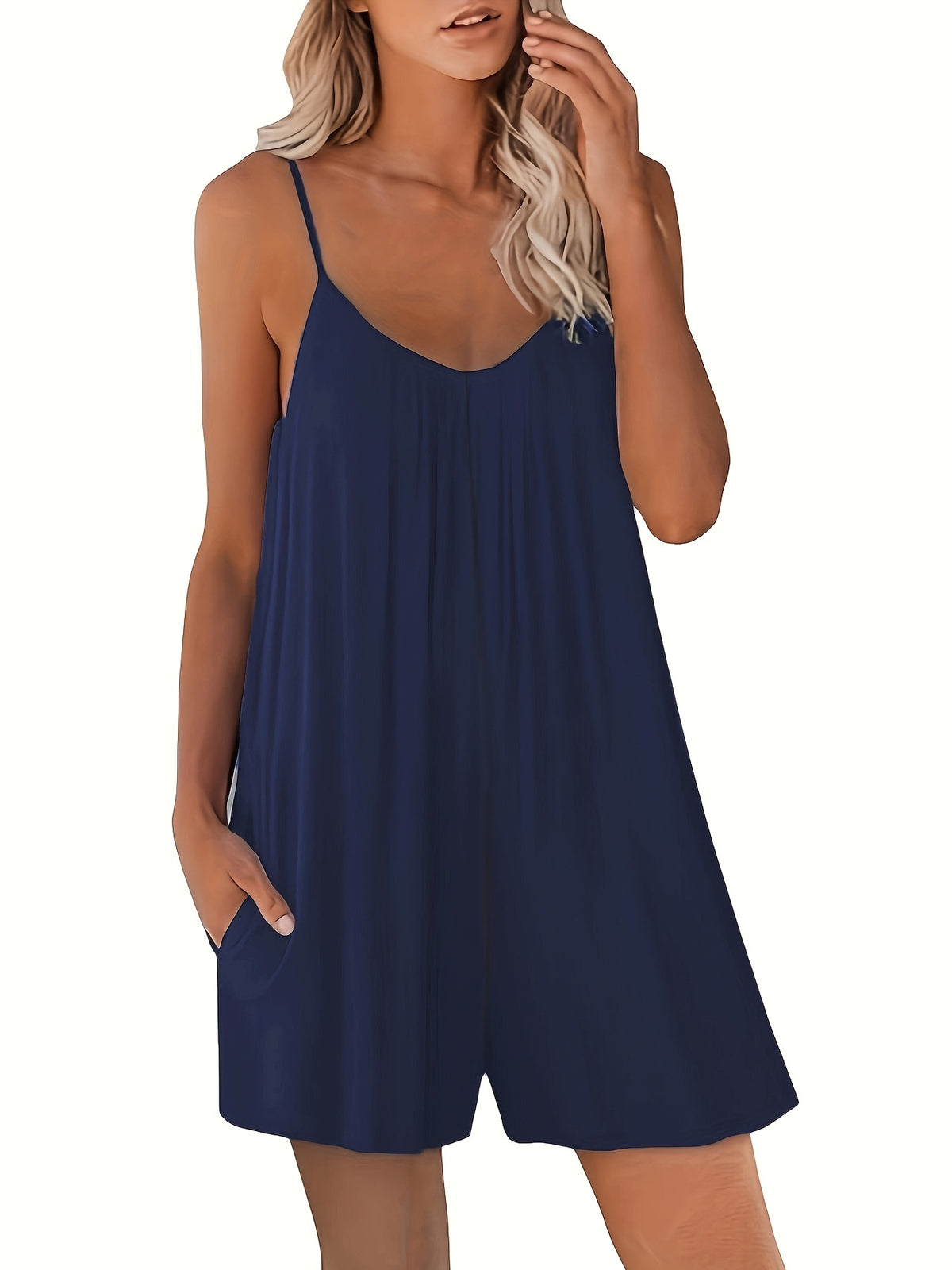 Solid Loose Cami Romper Jumpsuit, Casual Sleeveless Romper Jumpsuit, Women's Clothing